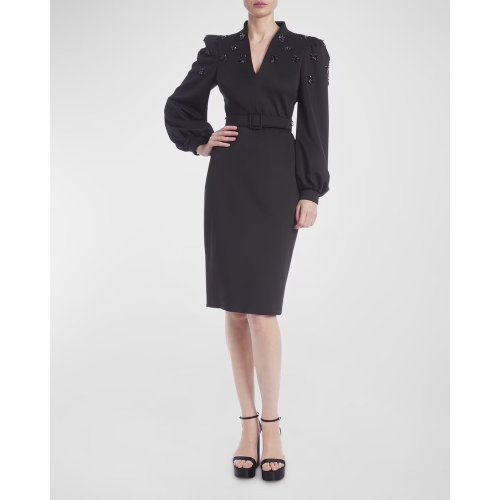 $550 Badgley Mischka Rhinestone Embellished Black Puff Sleeve Belted Dress 8 NWT